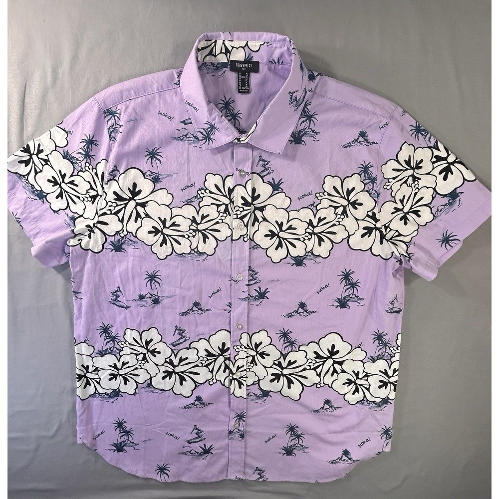 Forever 21 Hawaiian Floral Button Front Purple‎ Shirt Men's XL Aloha Palm Trees